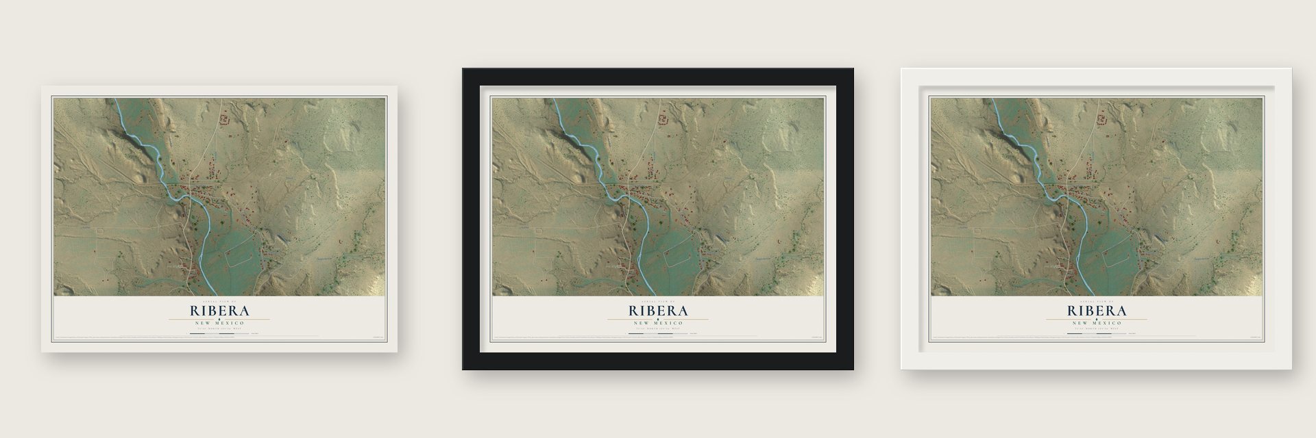 Ribera, New Mexico map unframed, in a black wood frame and in a white wood frame