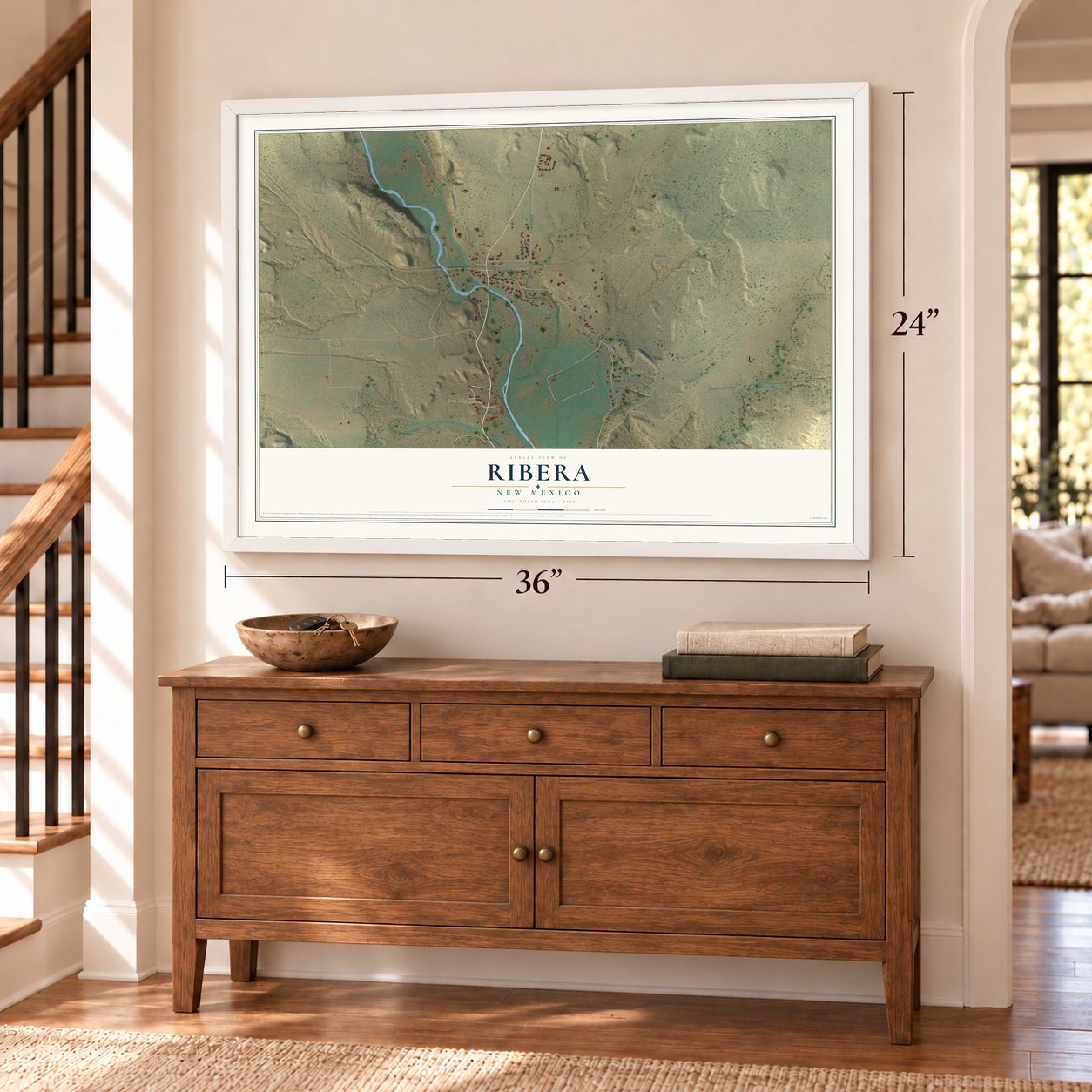 Ribera, New Mexico map, 24 x 36 inch print in a white frame above a dresser by a staircase