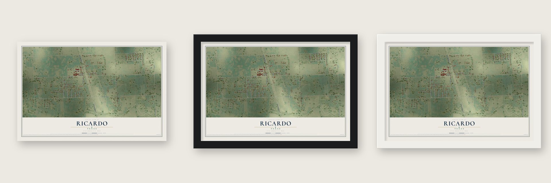 Ricardo, Texas map unframed, in a black wood frame and in a white wood frame