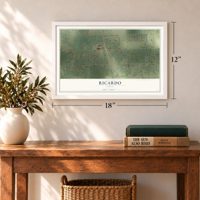 Ricardo, Texas map, 12 x 18 inch print in a white frame in an entryway
