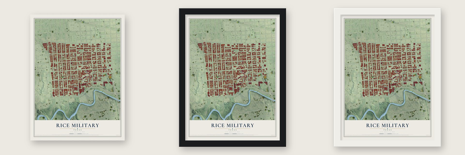 Rice Military, Texas map unframed, in a black wood frame and in a white wood frame