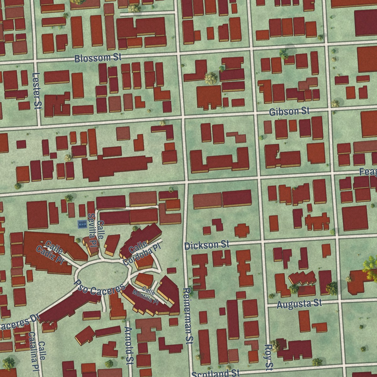 Second close-up of the map of Rice Military, Texas print showing more streets and buildings