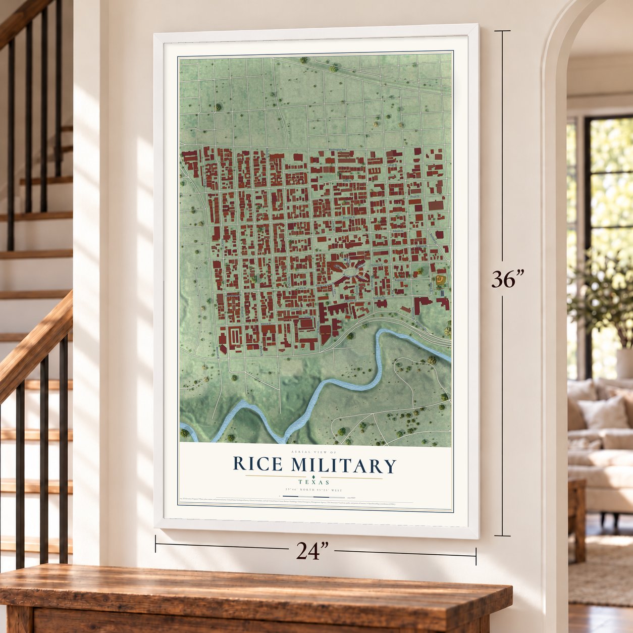 Rice Military, Texas map, 24 x 36 inch print in a white frame by a staircase