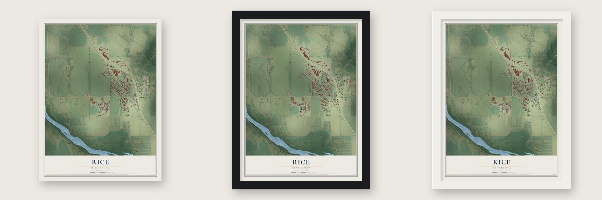 Rice, Minnesota map unframed, in a black wood frame and in a white wood frame