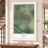 Rice, Minnesota map, 24 x 36 inch print in a white frame by a staircase