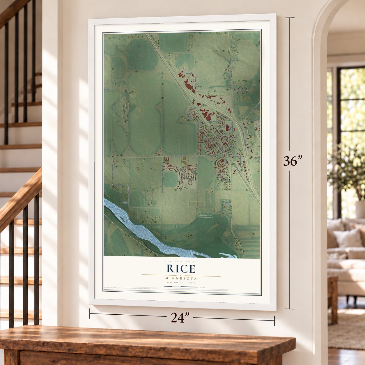Rice, Minnesota map, 24 x 36 inch print in a white frame by a staircase
