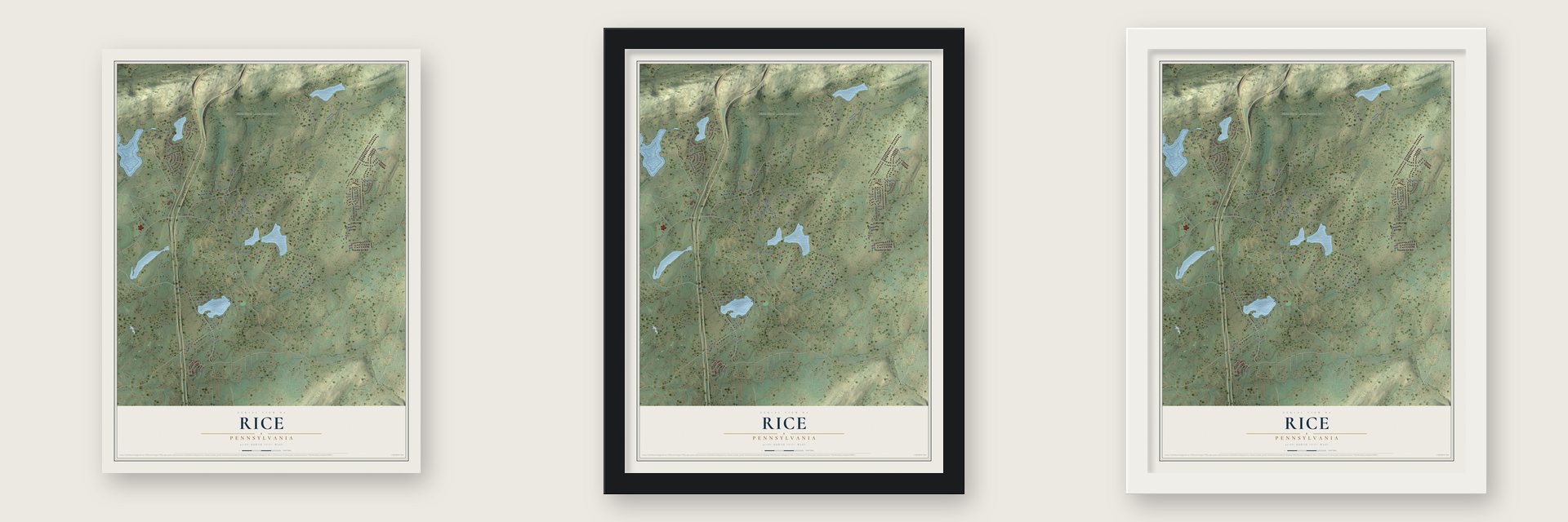 Rice, Pennsylvania map unframed, in a black wood frame and in a white wood frame