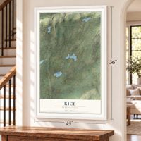 Rice, Pennsylvania map, 24 x 36 inch print in a white frame by a staircase