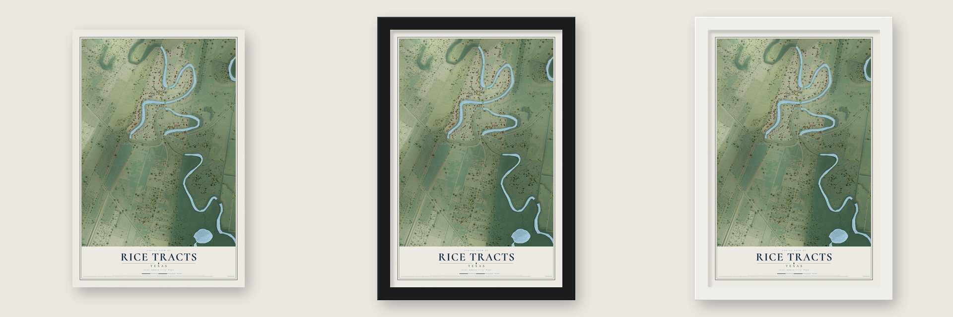 Rice Tracts, Texas map unframed, in a black wood frame and in a white wood frame