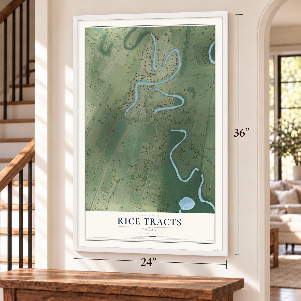 Rice Tracts, Texas map, 24 x 36 inch print in a white frame by a staircase