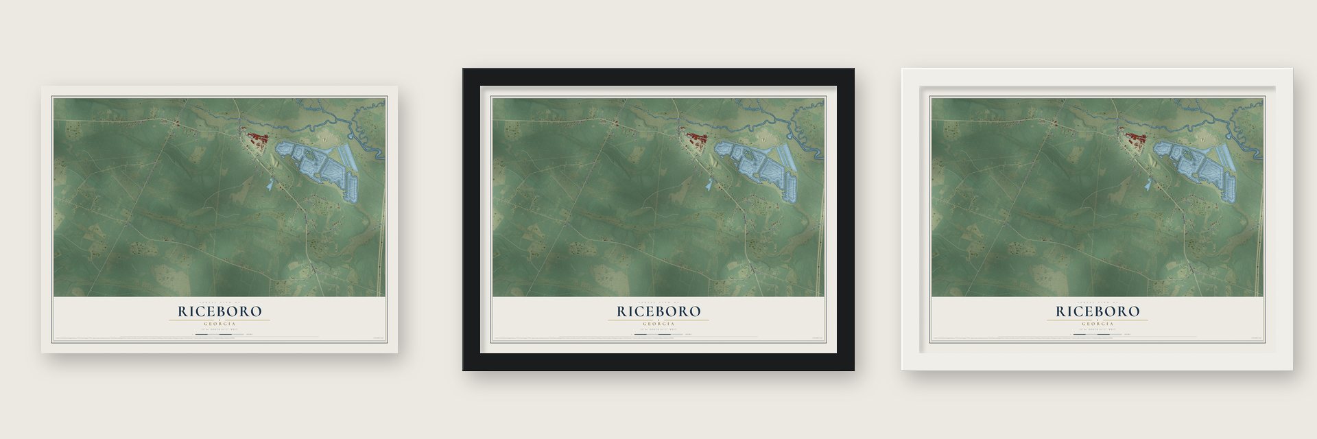 Riceboro, Georgia map unframed, in a black wood frame and in a white wood frame