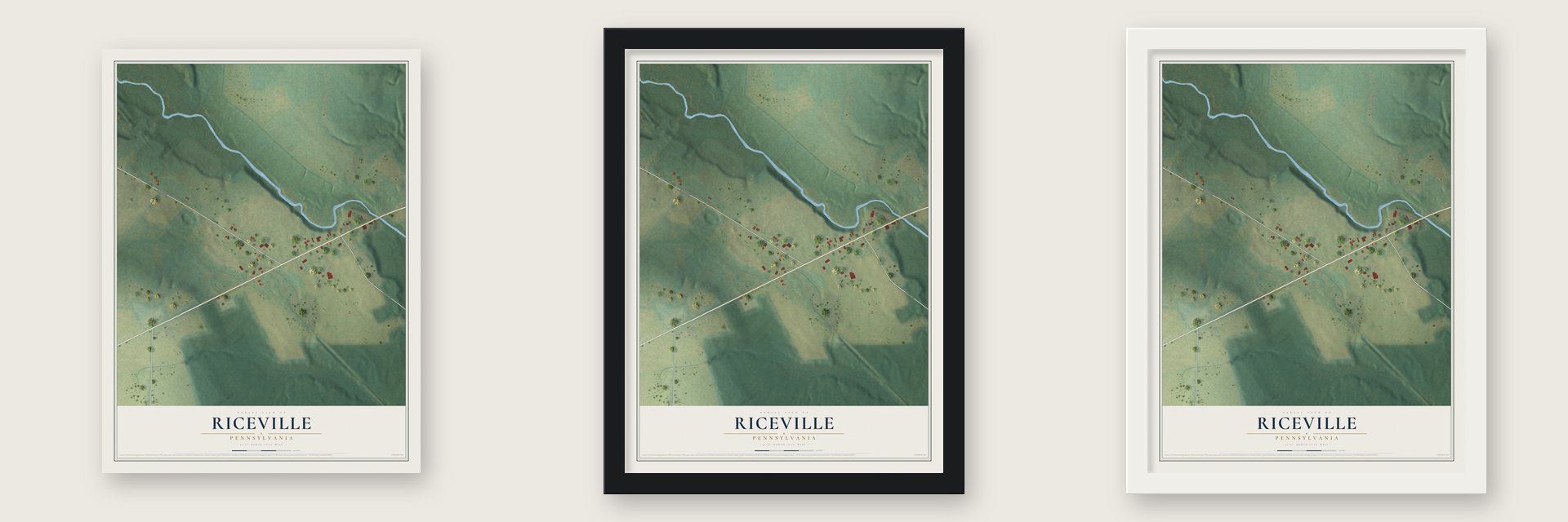 Riceville, Pennsylvania map unframed, in a black wood frame and in a white wood frame