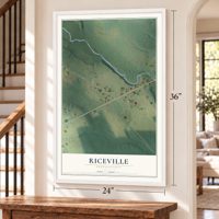 Riceville, Pennsylvania map, 24 x 36 inch print in a white frame by a staircase