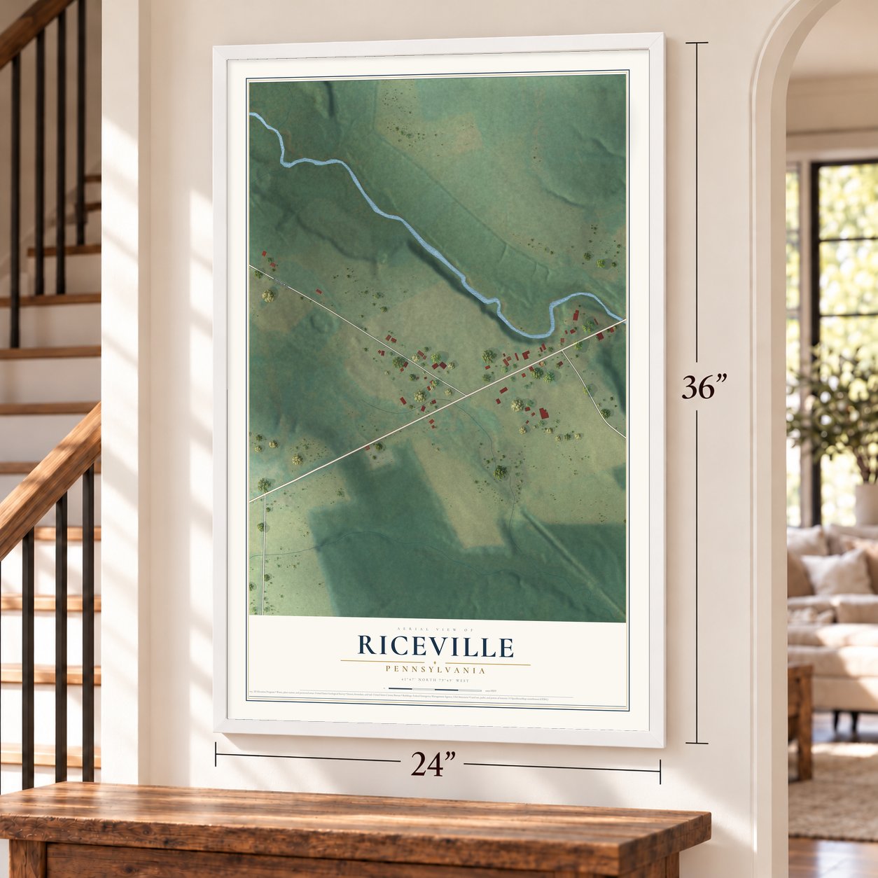 Riceville, Pennsylvania map, 24 x 36 inch print in a white frame by a staircase
