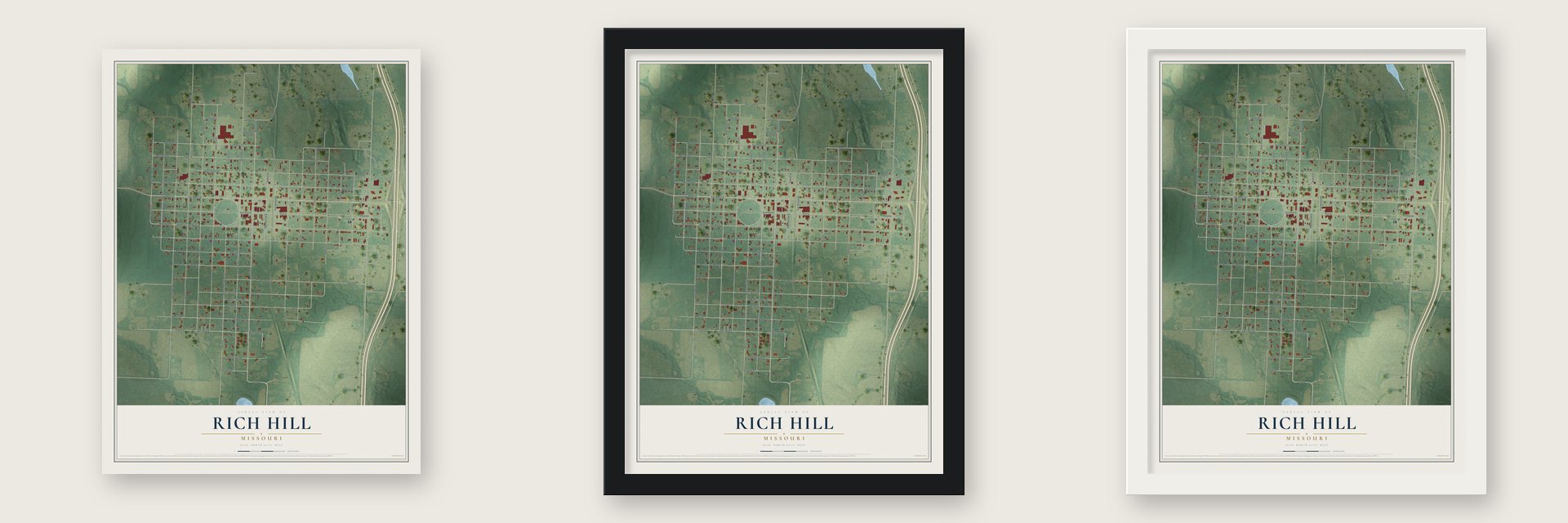 Rich Hill, Missouri map unframed, in a black wood frame and in a white wood frame