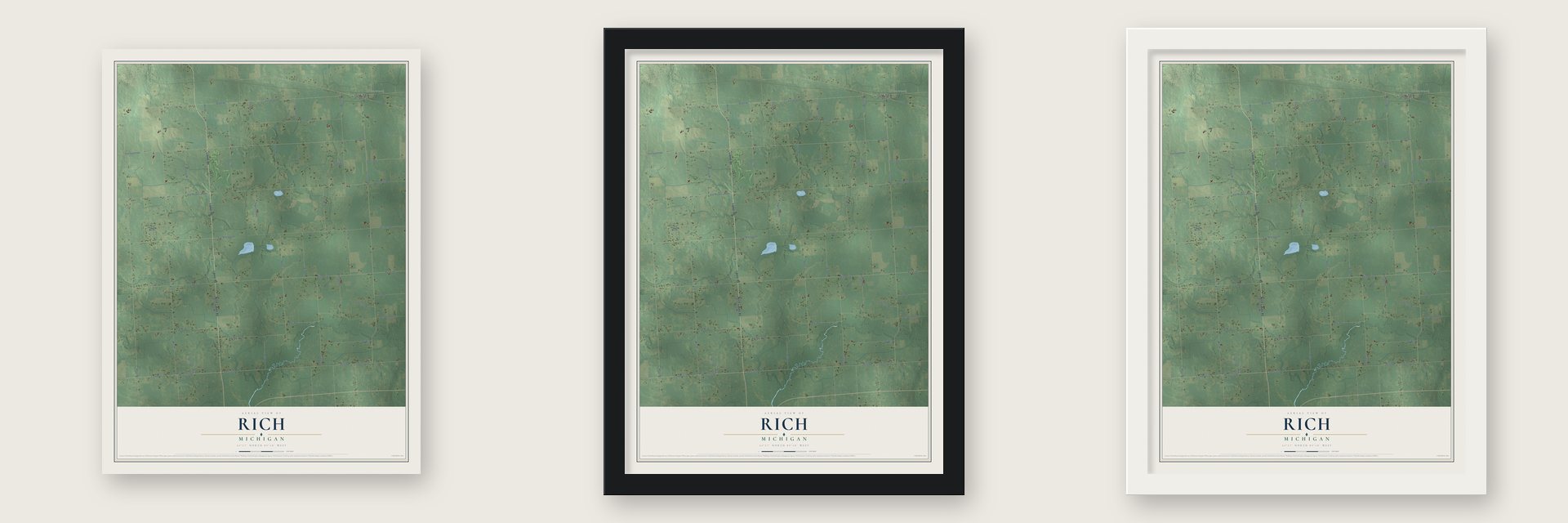 Rich, Michigan map unframed, in a black wood frame and in a white wood frame