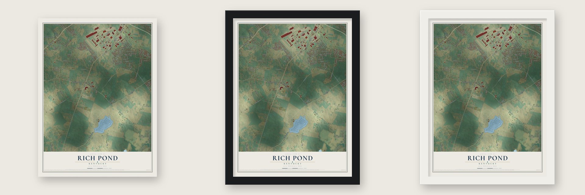 Rich Pond, Kentucky map unframed, in a black wood frame and in a white wood frame
