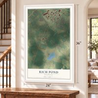 Rich Pond, Kentucky map, 24 x 36 inch print in a white frame by a staircase