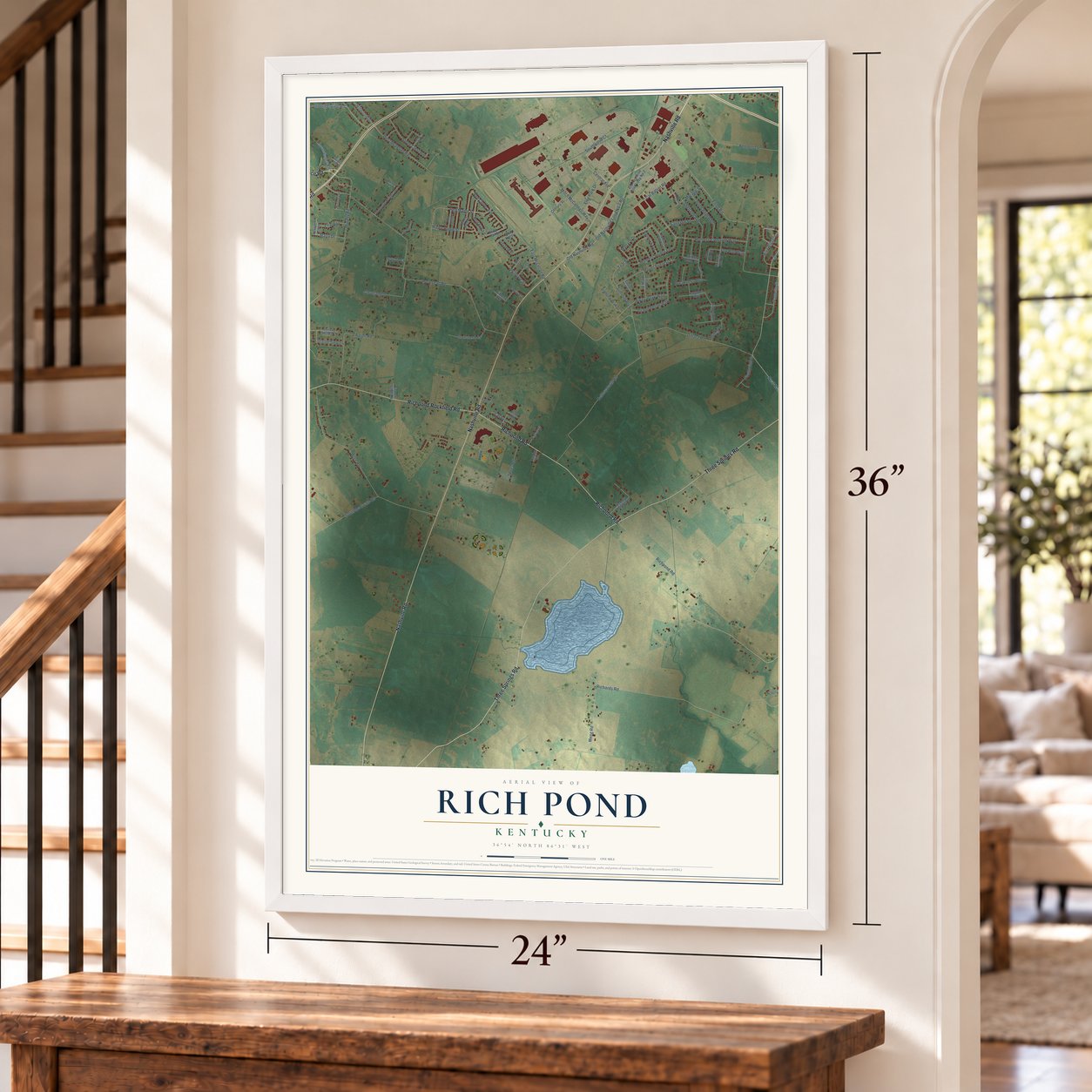 Rich Pond, Kentucky map, 24 x 36 inch print in a white frame by a staircase