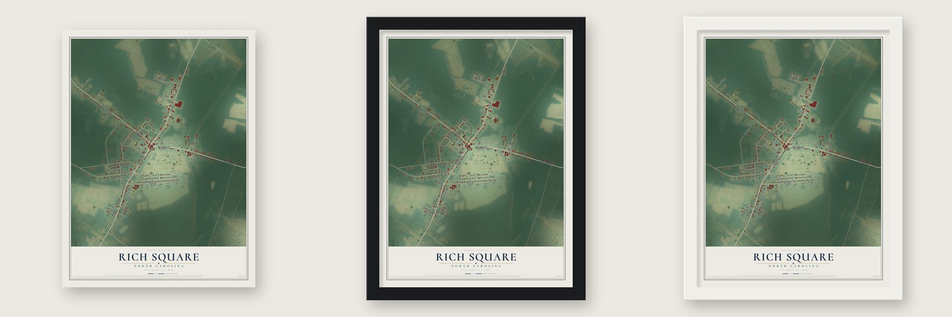 Rich Square, North Carolina map unframed, in a black wood frame and in a white wood frame