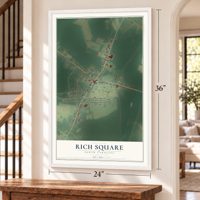 Rich Square, North Carolina map, 24 x 36 inch print in a white frame by a staircase