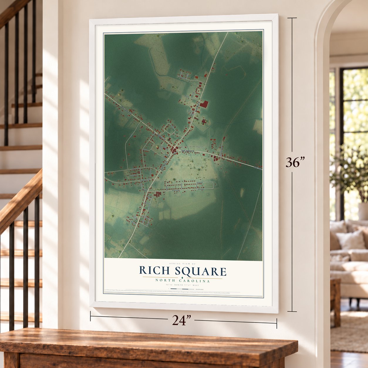Rich Square, North Carolina map, 24 x 36 inch print in a white frame by a staircase