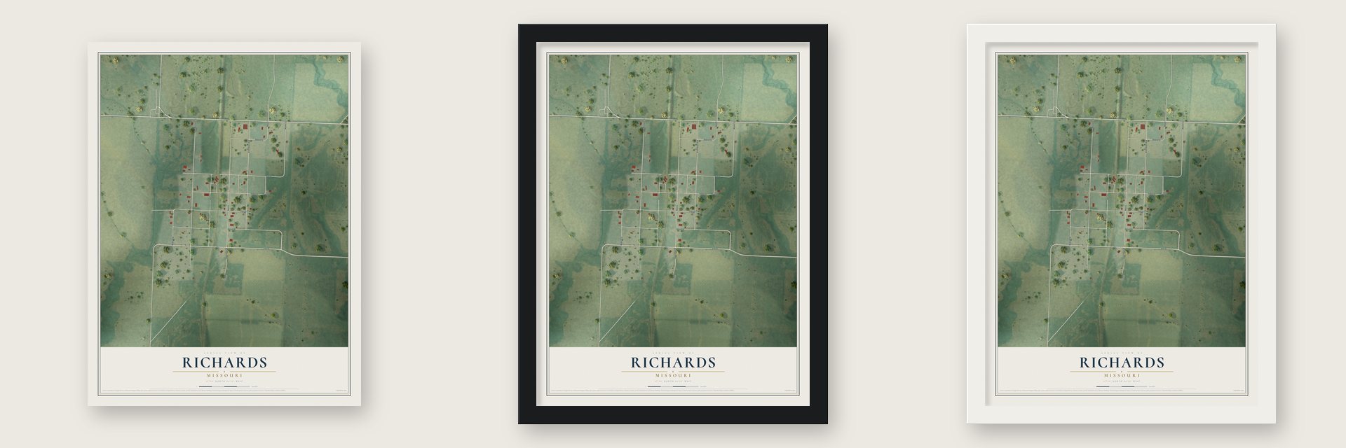 Richards, Missouri map unframed, in a black wood frame and in a white wood frame