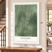 Richards, Missouri map, 24 x 36 inch print in a white frame by a staircase