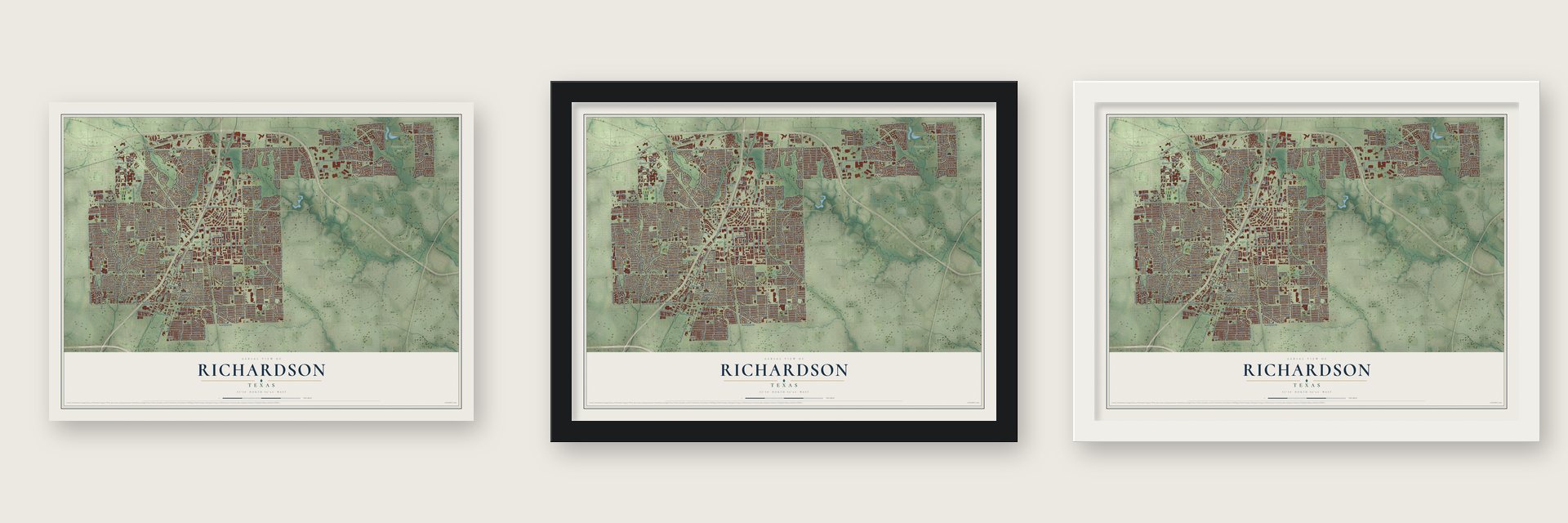 Richardson, Texas map unframed, in a black wood frame and in a white wood frame