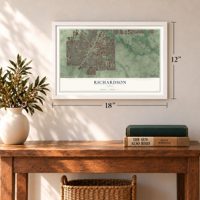 Richardson, Texas map, 12 x 18 inch print in a white frame in an entryway