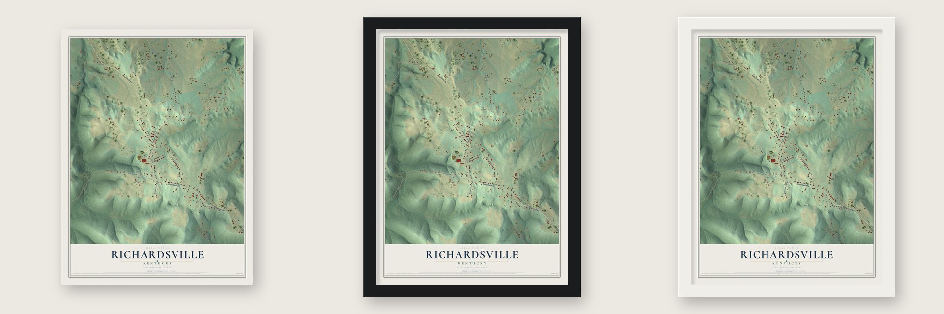 Richardsville, Kentucky map unframed, in a black wood frame and in a white wood frame
