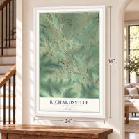 Richardsville, Kentucky map, 24 x 36 inch print in a white frame by a staircase