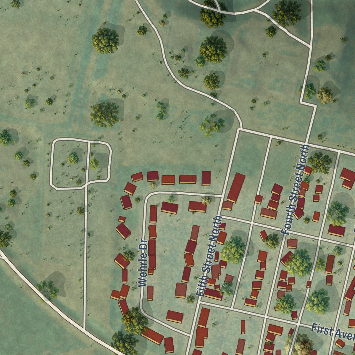 Second close-up of the map of Richardton, North Dakota print showing more streets and buildings