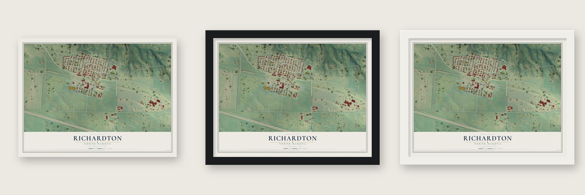 Richardton, North Dakota map unframed, in a black wood frame and in a white wood frame