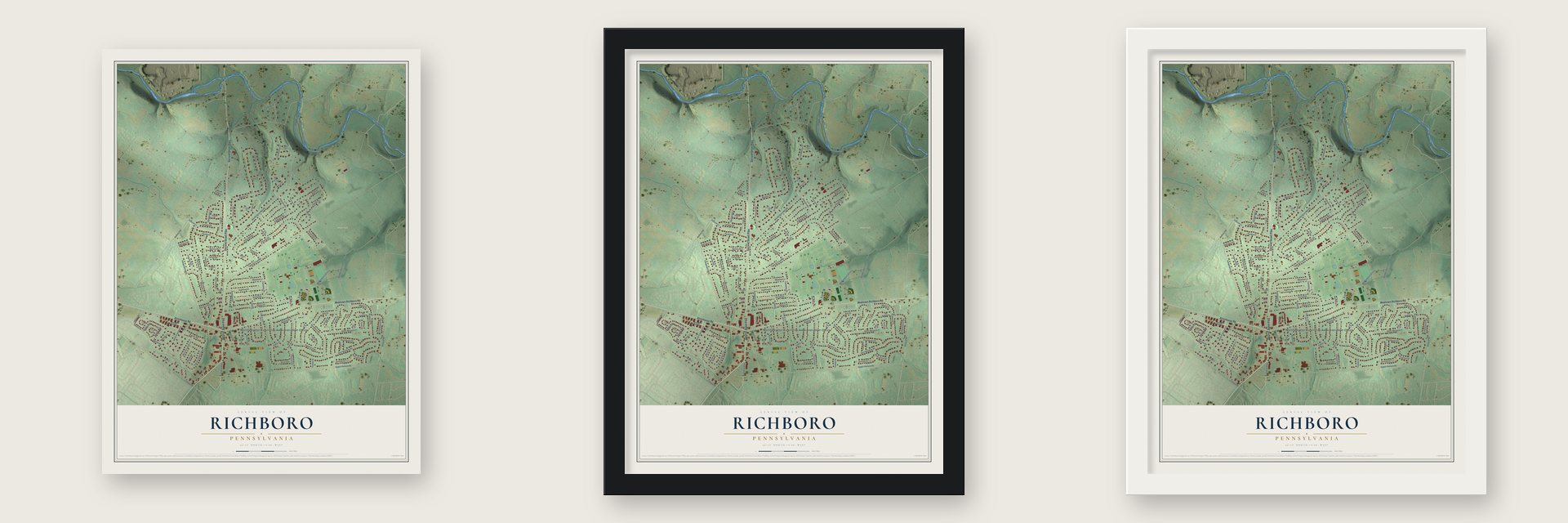 Richboro, Pennsylvania map unframed, in a black wood frame and in a white wood frame