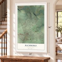 Richboro, Pennsylvania map, 24 x 36 inch print in a white frame by a staircase