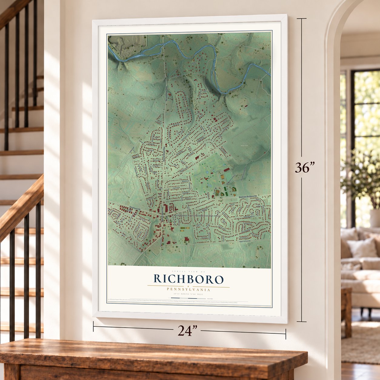 Richboro, Pennsylvania map, 24 x 36 inch print in a white frame by a staircase