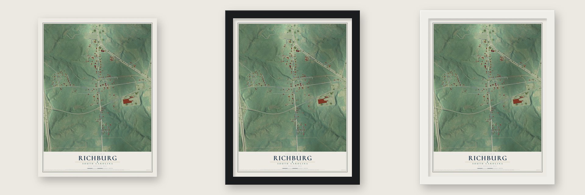 Richburg, South Carolina map unframed, in a black wood frame and in a white wood frame