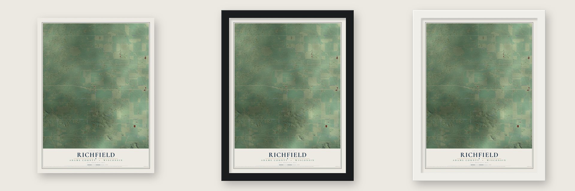 Richfield, Adams County, Wisconsin map unframed, in a black wood frame and in a white wood frame
