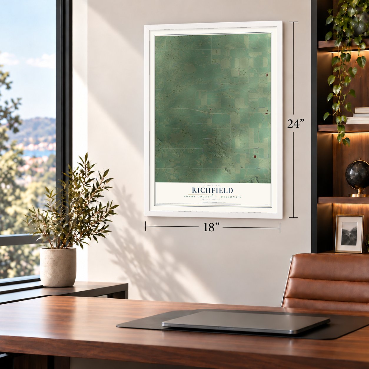 Richfield, Adams County, Wisconsin map, 18 x 24 inch print in a white frame in a home office