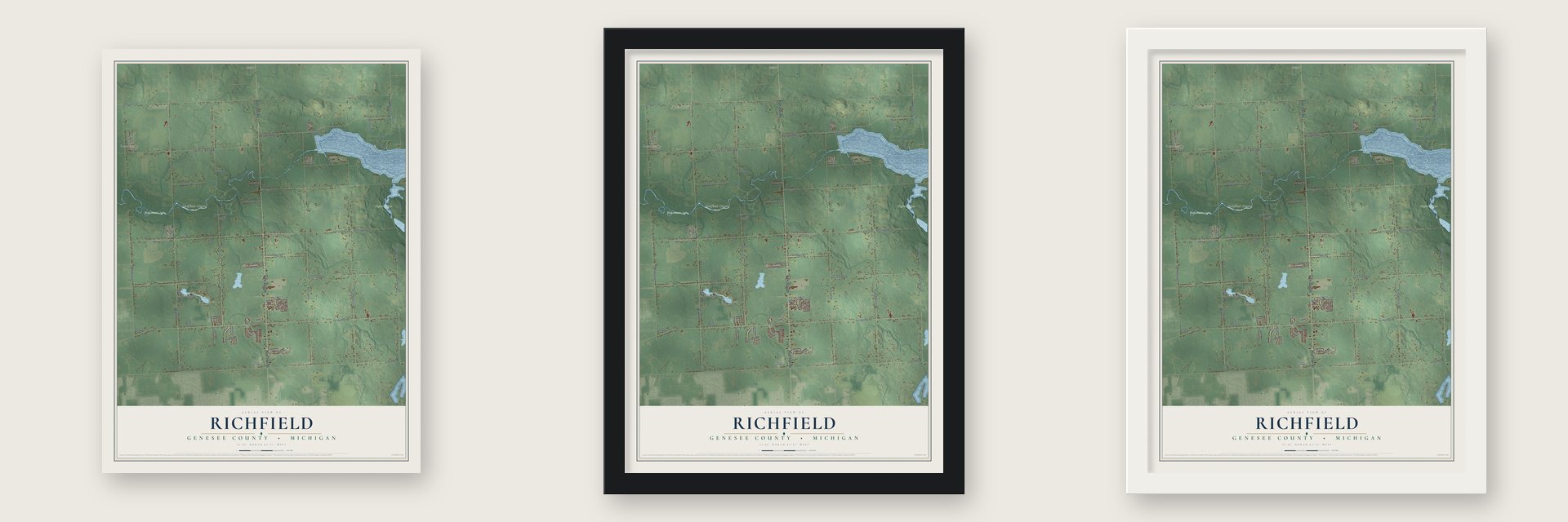 Richfield, Genesee County, Michigan map unframed, in a black wood frame and in a white wood frame