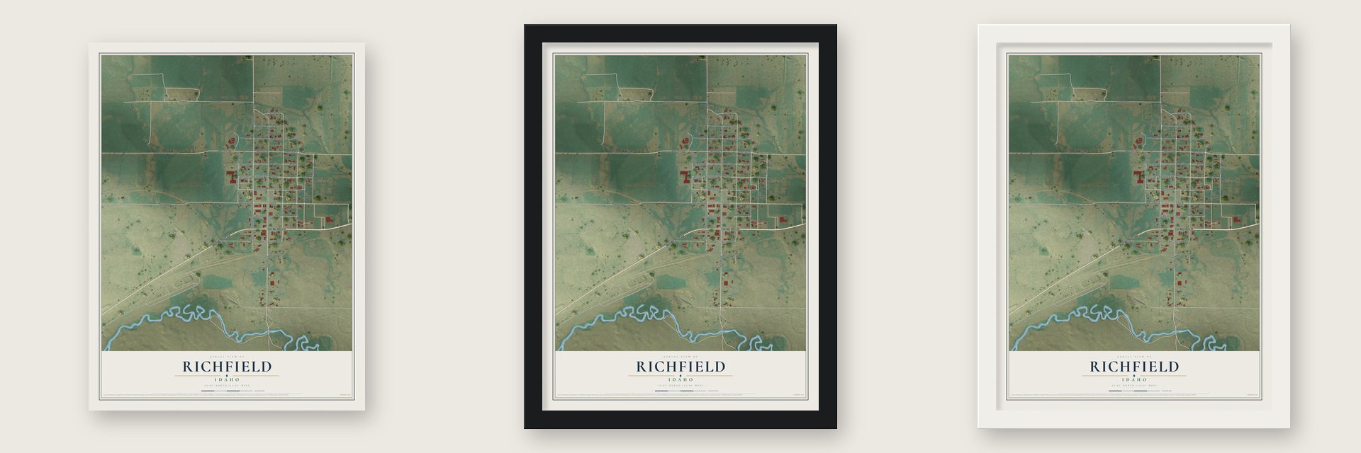 Richfield, Idaho map unframed, in a black wood frame and in a white wood frame