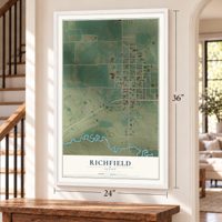 Richfield, Idaho map, 24 x 36 inch print in a white frame by a staircase