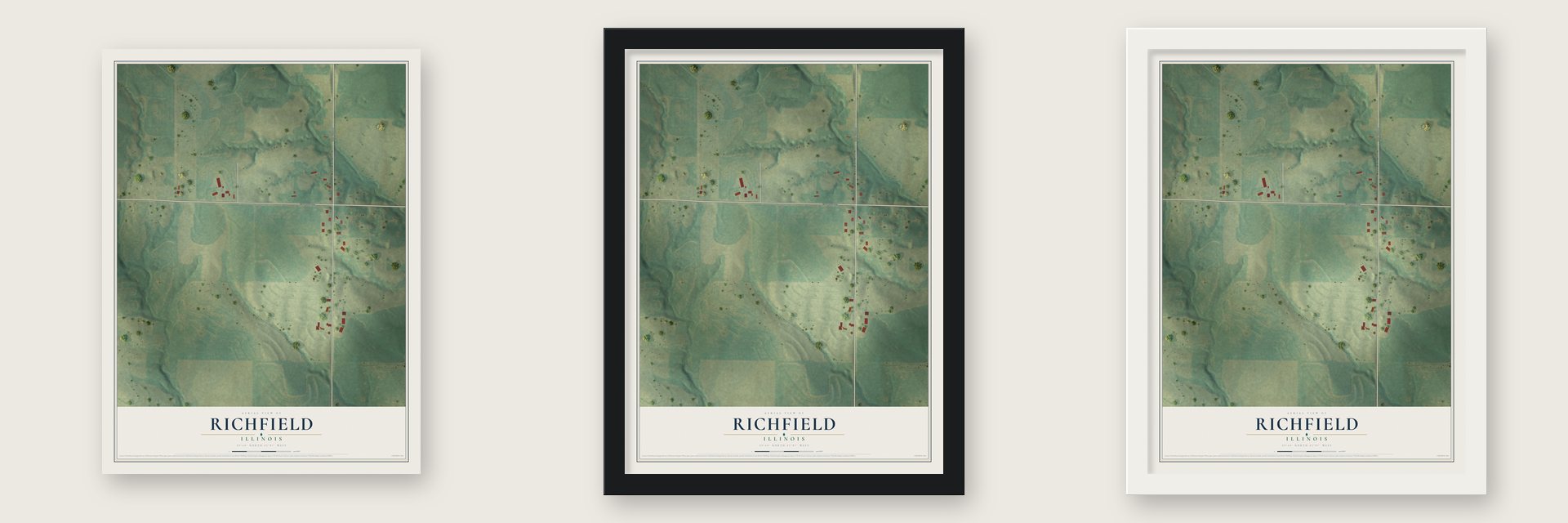 Richfield, Illinois map unframed, in a black wood frame and in a white wood frame