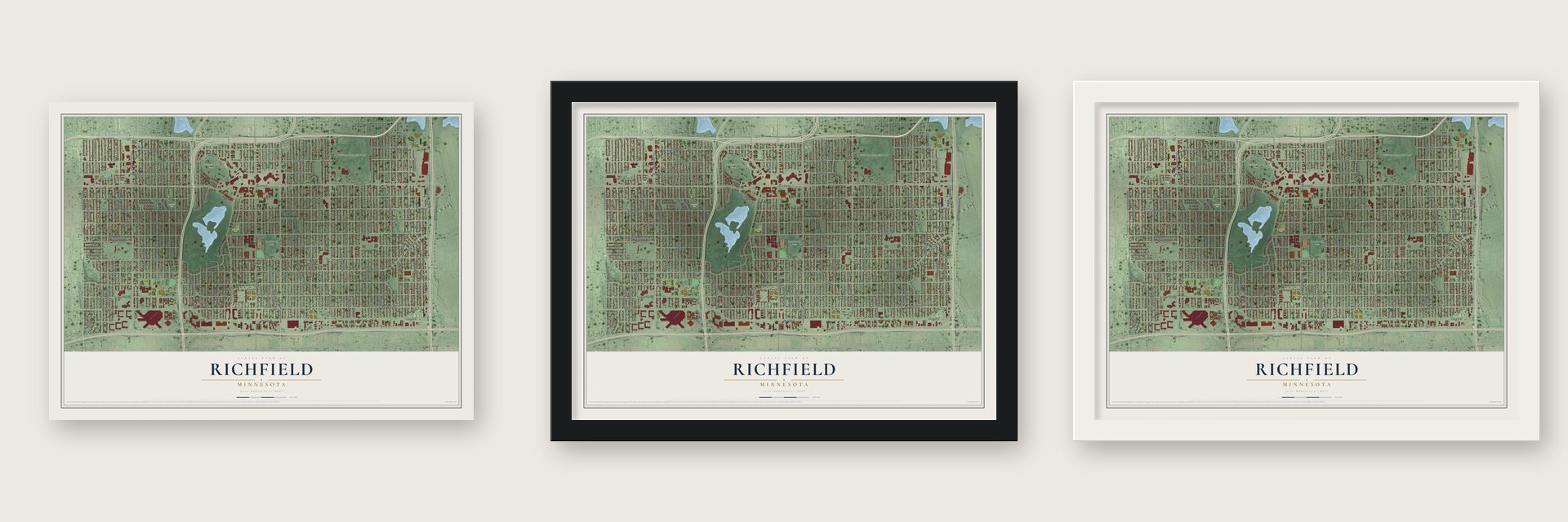 Richfield, Minnesota map unframed, in a black wood frame and in a white wood frame