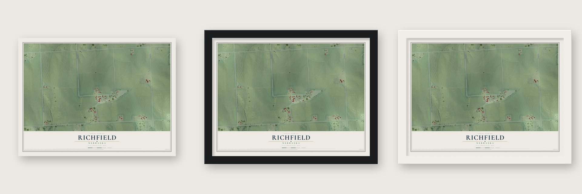 Richfield, Nebraska map unframed, in a black wood frame and in a white wood frame