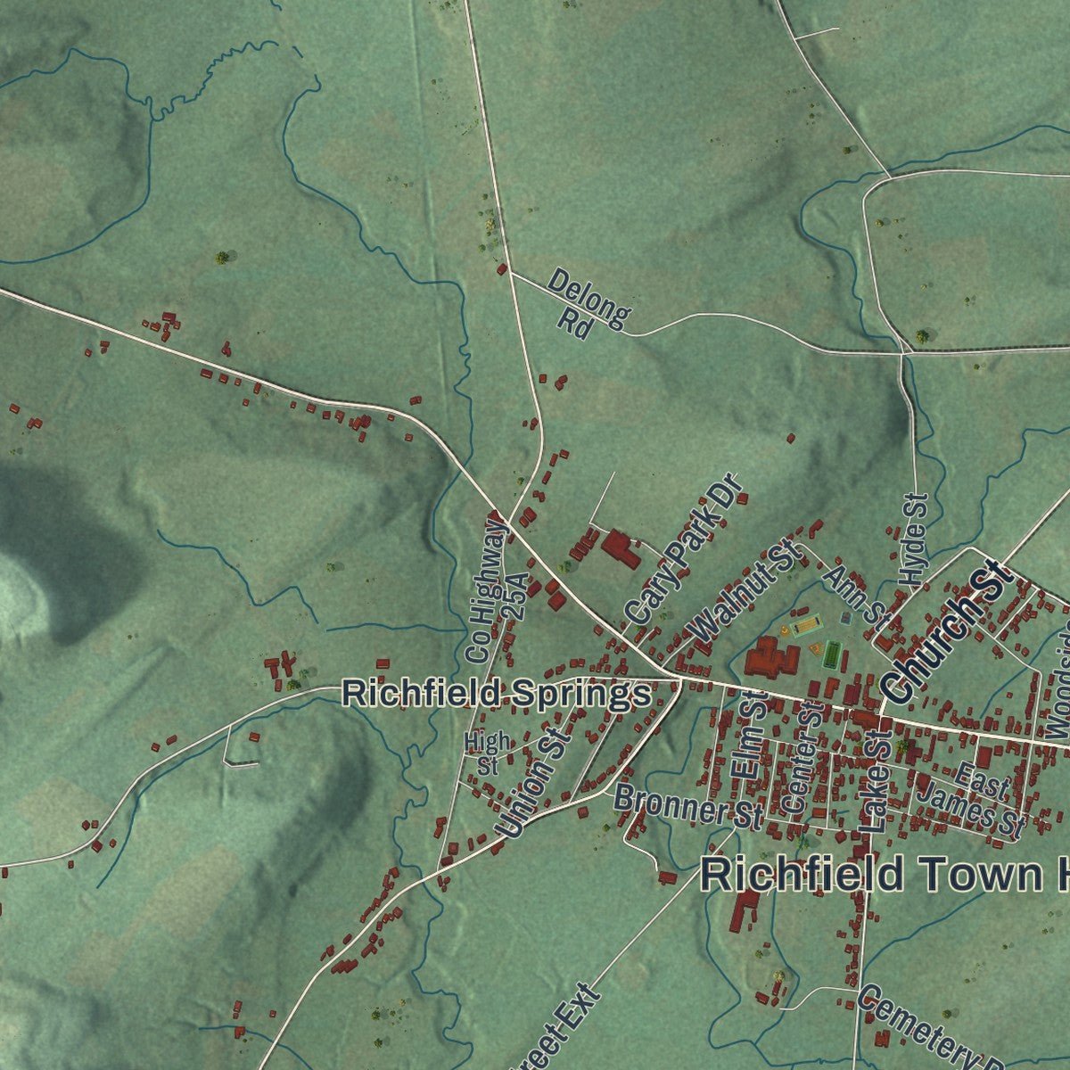 Second close-up of the map of Richfield, New York print showing more streets and buildings