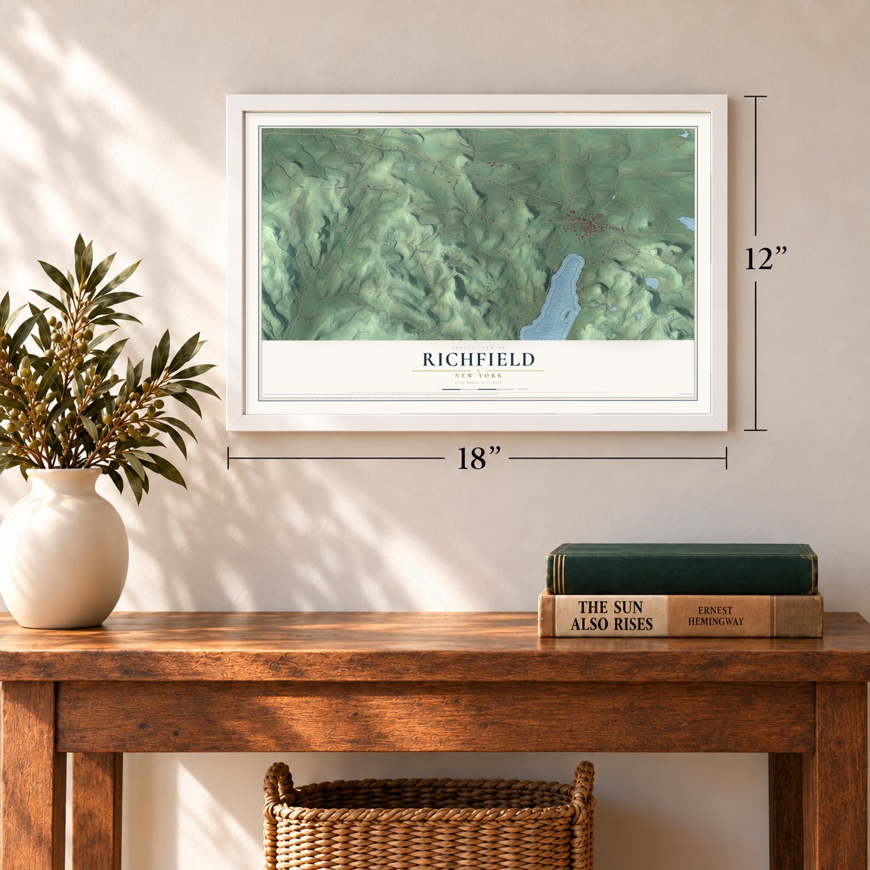 Richfield, New York map, 12 x 18 inch print in a white frame in an entryway