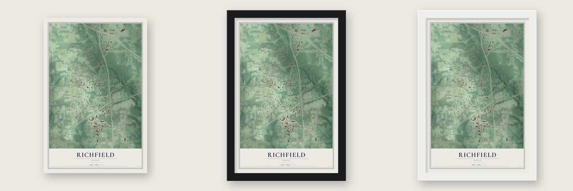 Richfield, Ohio map unframed, in a black wood frame and in a white wood frame