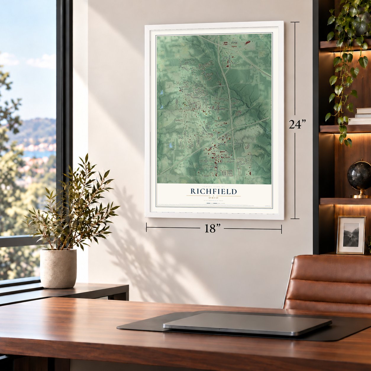 Richfield, Ohio map, 18 x 24 inch print in a white frame in a home office